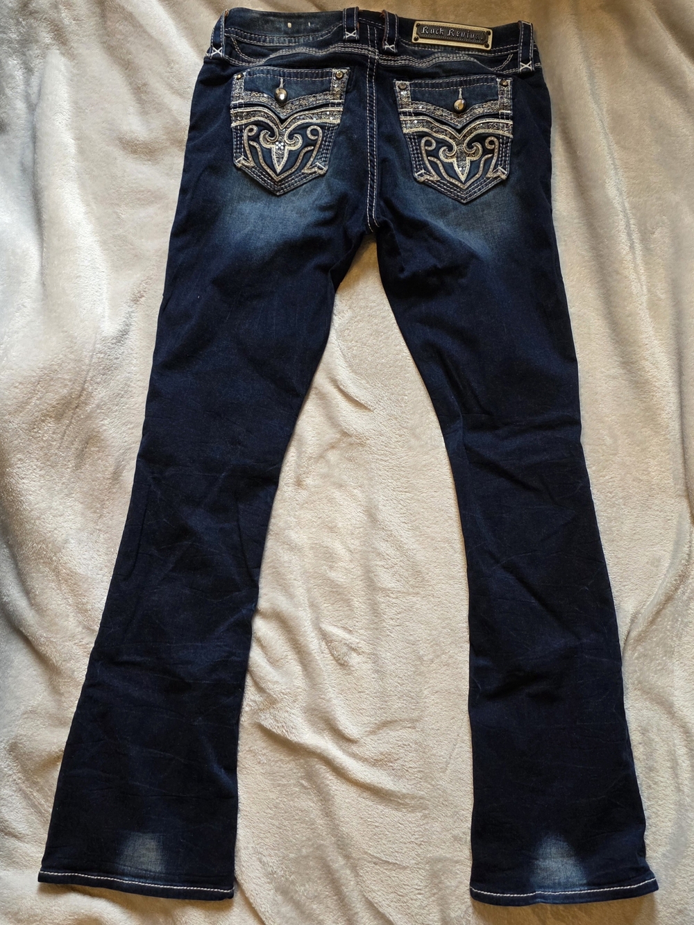 Rock Revival Dark Blue Embellished Back Pocket Flare Jeans Like New